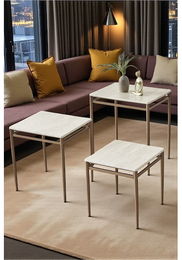 Diva Serisi 1. Sınıf Mebran Mdf 3 Lü Zigon Sehpa Takımı Gold Bronz