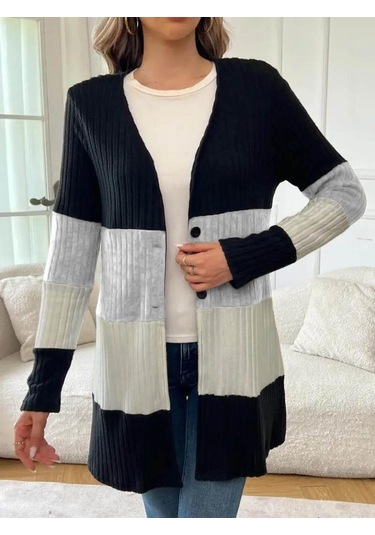 Kadın Uzun Kollu Çok Renkli Önden Düğmeli Uzun Ceket Siyah