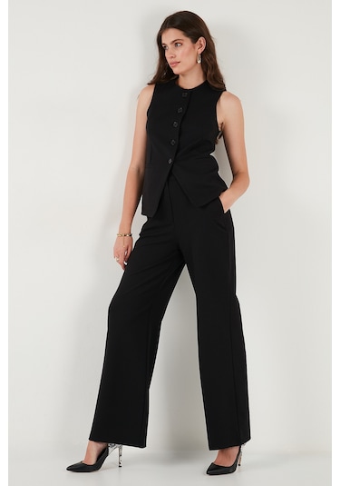Lela Wide Leg Orta Yüksek Bel Bol Paça Kumaş Bayan Pantolon 6522974 Siyah