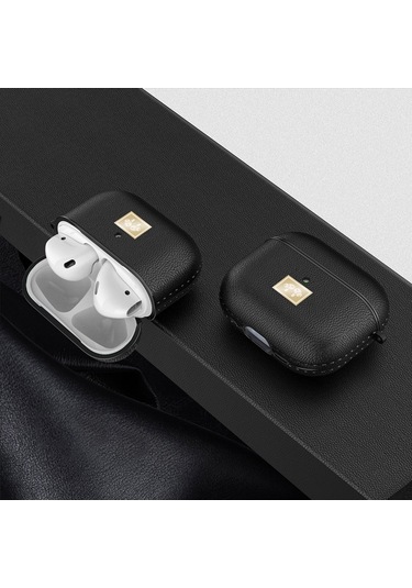 Airpods 4 Uyumlu Kılıf Deri Görünümlü Askı Aparatlı Wlons Kulaklık Kılıfı Siyah
