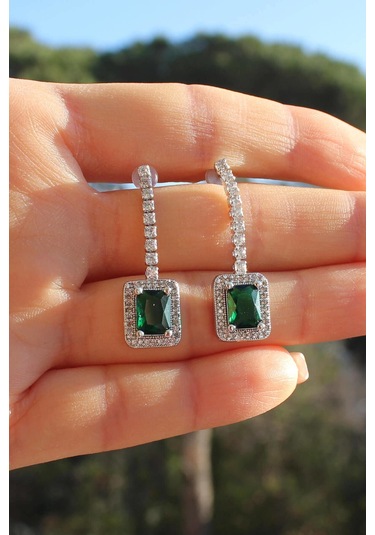 Niki Aksesuar Diamond Model Yeşil Taşlı Küpe Koyu Yeşil