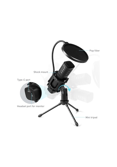 Padalink Kardiyak Yönlendirmeli Kondenser Mikrofon, Gürültü Engelleyici + Saçak + 2 Usb Kablosu İle Bilgisayar/ Telefon Uyumlu, 48khz Net Ses Kaydı