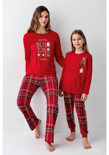 Arnetta Kız Çocuk Aile %100 Pamuklu 4 Mesim New Year Uzun Kollu Pijama Takım Kırmızı