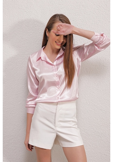 Bigdart 3964 Hafif Dökümlü Saten Gömlek - Pembe 001