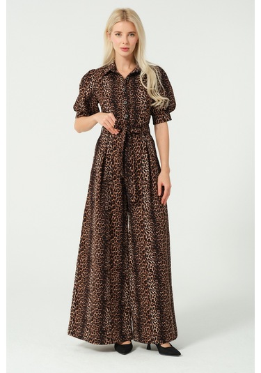 Balon Kol Bağcık Detaylı Tulum Leopar Desen Leopar