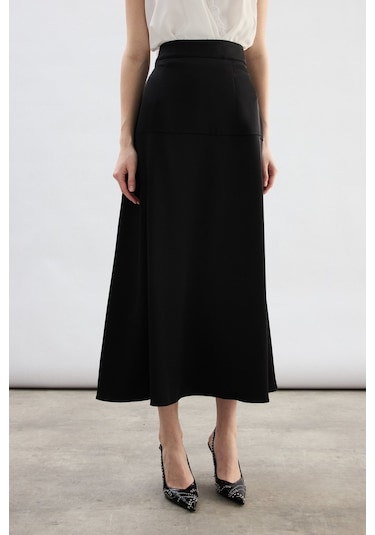 Sateen Yüksek Bel Saten Etek - Siyah-136783 Siyah