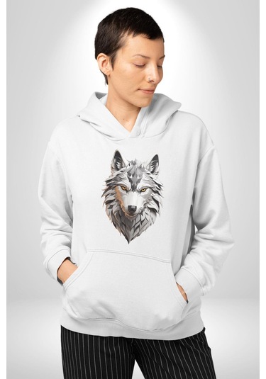 Beyaz Kurt Kafası Kadın Erkek Beyaz Kapüşonlu Sweatshirt Hoodie Beyaz