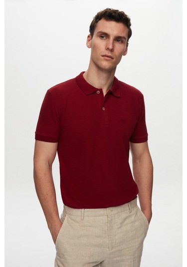 Ds Damat Regular Fit Bordo Pike Dokulu %100 Pamuk Kıvrılmaz Polo Yaka Nakışlı T-shirt 4HC14ORT51000 Bordo