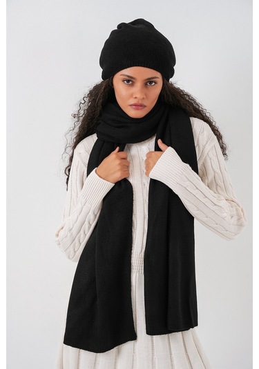 Kadın Triko Atkı Bere 15939 - Siyah Siyah