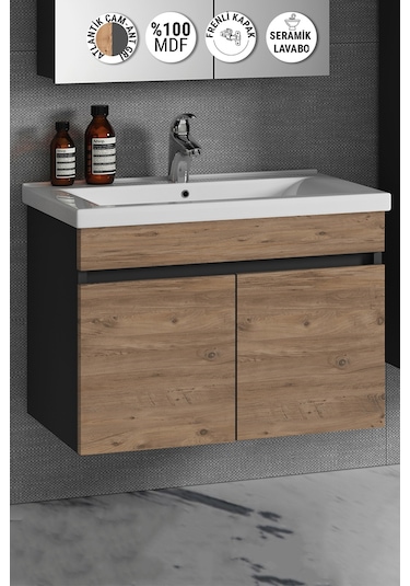 Çiğdem 80 Cm Antrasit Gri Mat-Atlantik Çam Mdf Banyo Alt Dolabı Antrasit - Atlantik Çam