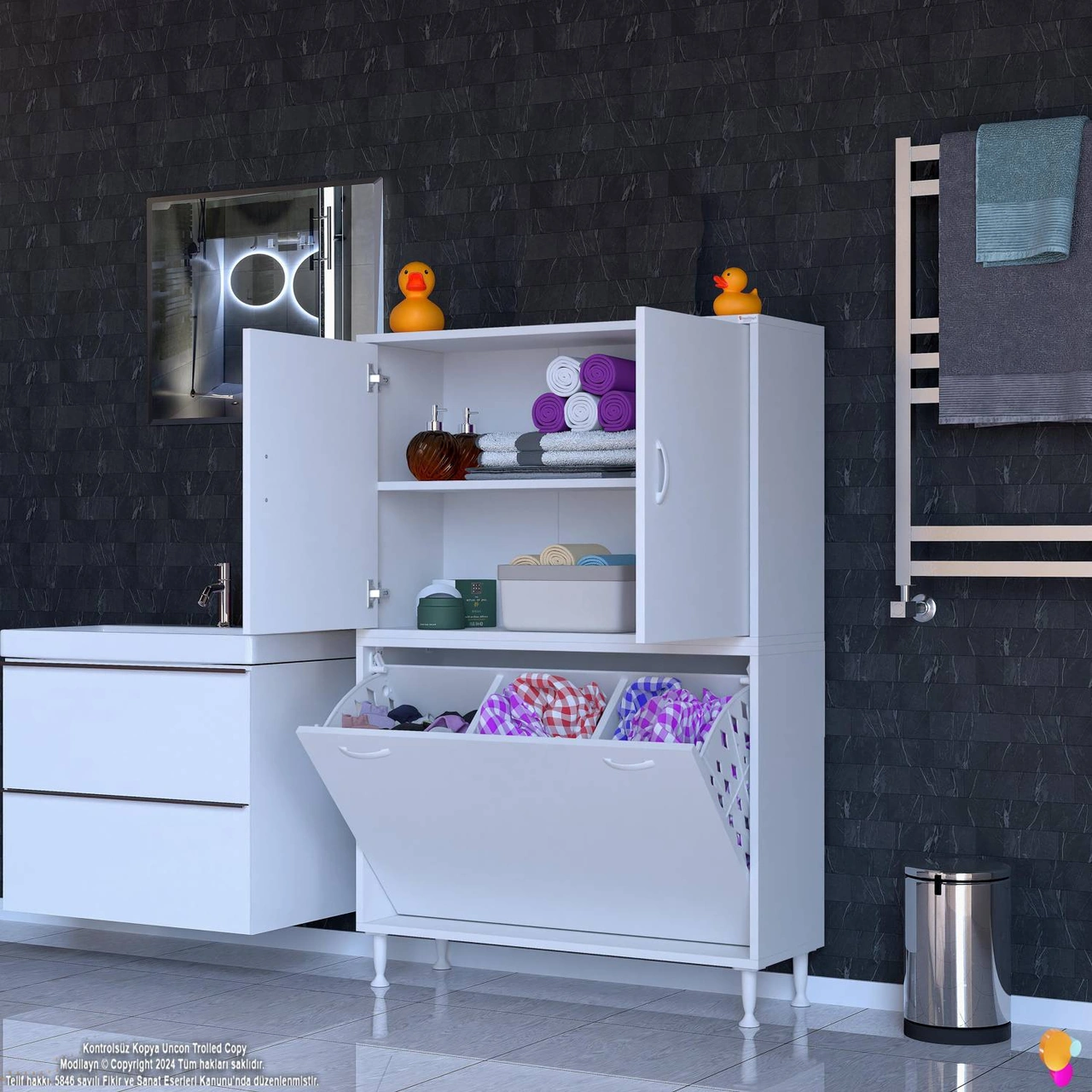 Esil Çok Amaçlı Dolap Kapak İçi Çift Raflı, Üç Akıllı Çamaşır Sepetli Dolap 90x138x32,5 Cm Beyaz