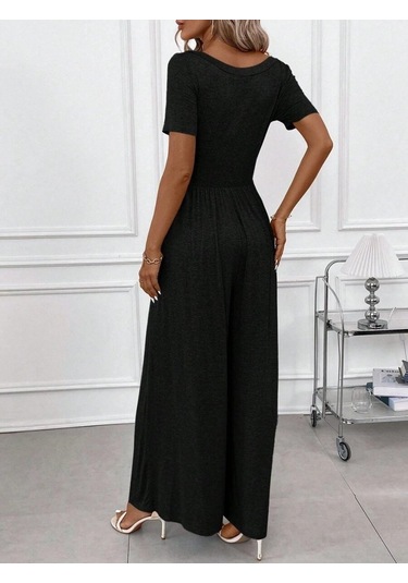 Soonaksesuar Kadın Kısa Kollu Yuvarlak Yaka Geniş Paçalı Bürümcük Tulum Siyah