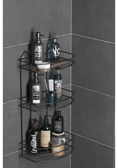 Teknotel Banyo Düzenleyici Şampuanlık Sabunluk 3 Katlı Yapışkanlı Banyo Duş Rafı Siyah St009 Siyah