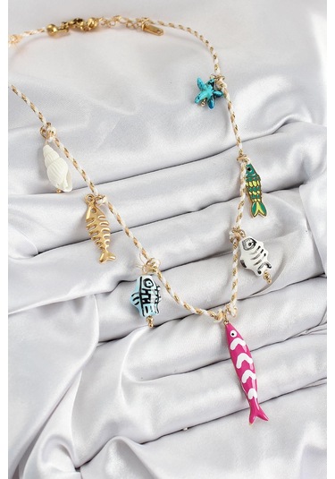 Seramik Motifli Pembe Balık Figürlü Model Krem İp Kadın Kolye Çok Renkli
