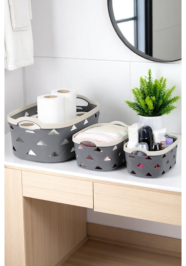 İronika 5li Dekoratif Deri Görünüm Dolap İçi Düzenleyici Saklama Kutusu Mutfak Banyo Organizer Sepet Antrasit Antrasit