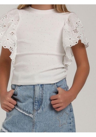 Kız Çocuk Pamuklu Kolsuz Kolları Güpür Bedeni Taşlı Bluz-15601 Beyaz