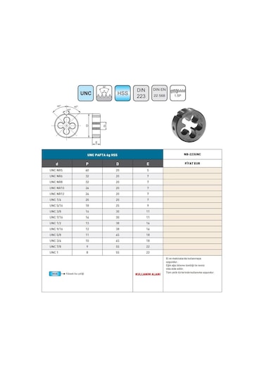 Fett Unc 5/16 -18 Bucovice Dın223 Hss Nb-223unc Unc Pafta