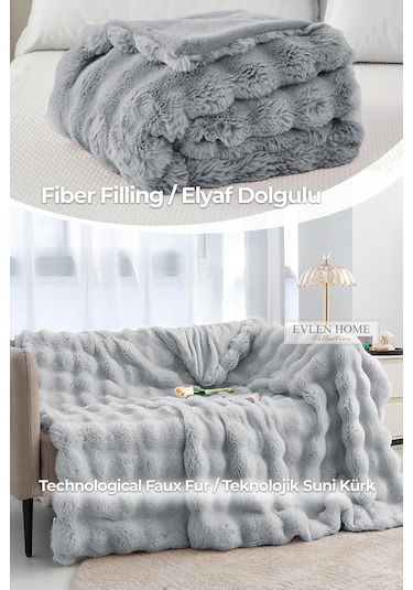 Kürk Yatak Örtüsü Çift Kişilik Dolgulu Peluş Yumuşak Çift Taraflı Yorgan 3 Parça Loria Gri Gri
