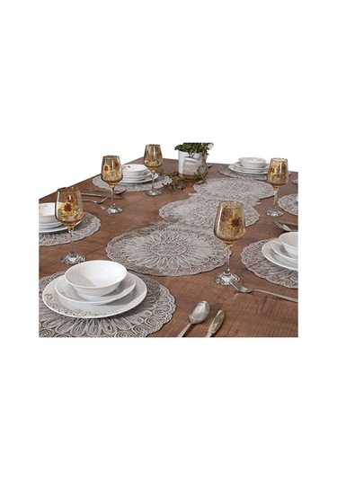 8 Kişilik Amerikan Servis Supla Ve Runner Seti Gri Renk 9 Parça S Bej