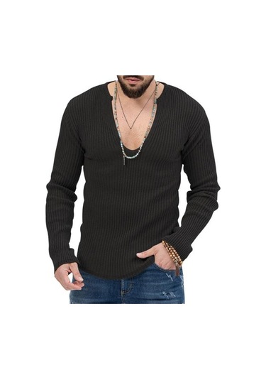 Erkek Örgü Kazak Derin V Yaka Nervürlü Uzun Kollu Düz Renk Slim Fit Yumuşak Sıcak Sonbahar Kış Rahat Erkek Kazak Üst Kazak Triko Siyah