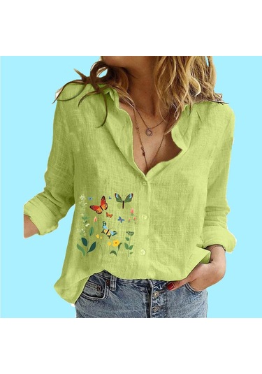 Kadın Moda Pamuk Keten Gömlek Bayan Dik Yaka Baskılı Üst Casual Düğmeli Uzun Kollu Bluz Yeşil