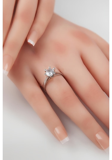 925 Ayar Gümüş Rodyumlu Tektaş Bayan Yüzük -7980