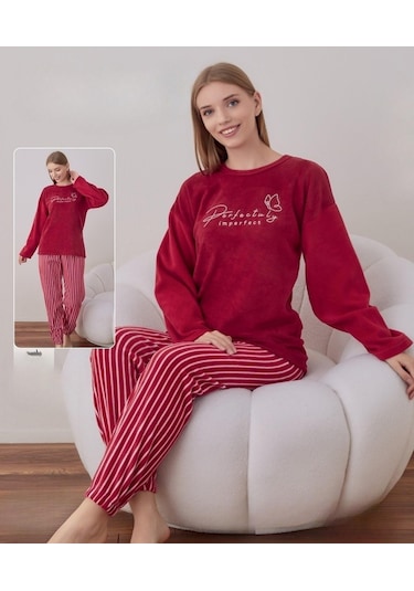 Boyraz Kadın Kışlık Bisiklet Yaka Soft Kadife Pijama Takımı 07021 - 1 Adet Kırmızı