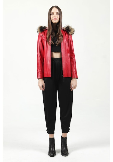 Dericlub Mistral Kadın Kapüşonlu Hakiki Deri Kaban B.kırmızı B.kırmızı Kırmızı