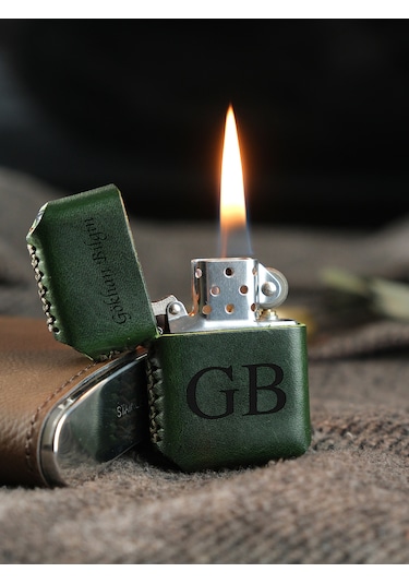 Vagave Yeşil Renk Hakiki Deri Kılıflı Zippo Benzinli Çakmak