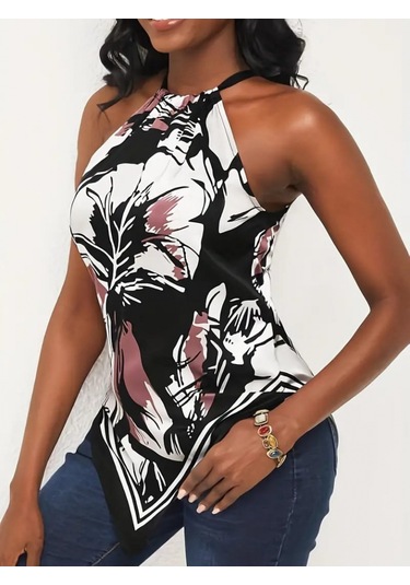 Modaserdem Kadın Üçgen Kesim Boyundan Bağlamalı Çiçek Desen Süprem Bluz Desenli