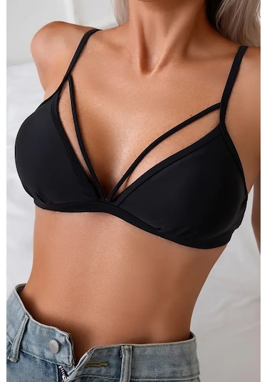 Angelsin Metal Kopçalı Şık Bikini Üstü Çıkartılabilir Kaplı Siyah