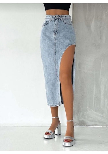 Pass&Pass 2094 Kadın Likrasız Yandan Yırtmaçlı Jeans Kot Denim Etek Beyaz