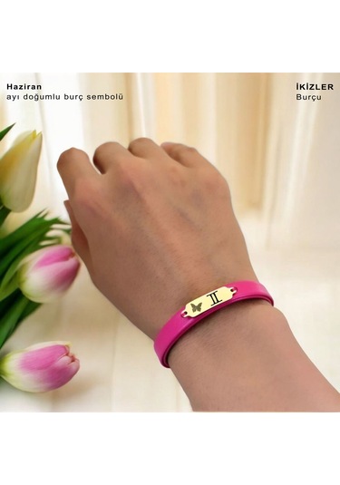 Archin Haziran Ayı Doğumlarına Pembe Derili Kelebek Figürlü 14 Ayar Altın Plakalı Hediye Bileklik-651ay Haziran