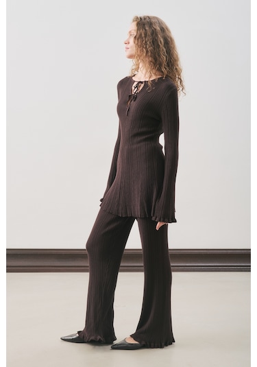Volanlı Lastik Örgü Tunik Kahverengi Kahverengi
