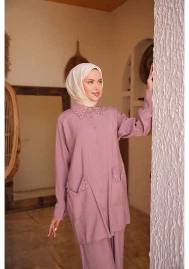 Kadın Tesettür Eşofman & Takımı, Alt Üst Uzun Takım Düğmeli Gömlek Pantolon 504 Pembe