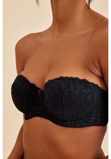 Amy Siyah Balenli Dantelli Dolgusuz Pedli Toparlayıcı Straplez Sütyen siyah