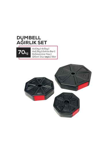 Tan Spor 70 KG Dambıl Halter Ağırlık Full Kısa + Düz + Z Bar Set Kırmızı Kapaklı