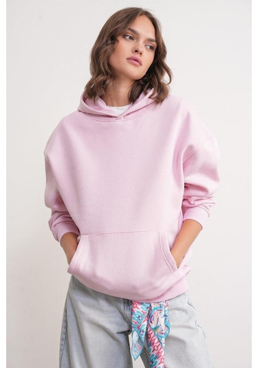 Mixray 2022 Unisex 3iplik Basic Polarlı Kapüşonlu Sweatshirt Hoodie Pembe