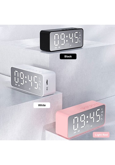 Yuntech01 Müzik Ve Alarm Çift Fonksiyonlu Mini Bluetooth Hoparlör, Aynalı Led Ekran, Yüksek Kaliteli Ses, Pilli Ev Kullanıma Uygun Pembe