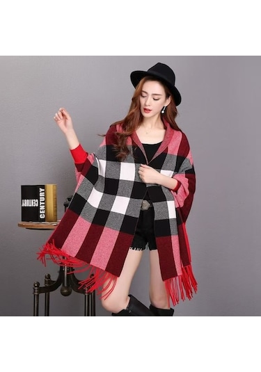 Novahub Kız Ekose Örgü Günlük Kazak Püsküllü Kalın Şal Hırkalar Sonbahar Kış Kıyafetleri İçin Kırmızı - Standart Kırmızı