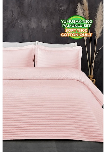 Evlen Home %100 Pamuk Yatak Örtüsü Pike Takımı Tek Kişilik Judy Yatay Çizgili Kapitone Pudra Pudra