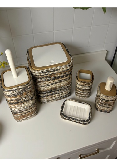 Doğal Dokulu Hasır Görünümlü 6 Parça Banyo Takımı Zarif Ve Modern Çok Renkli