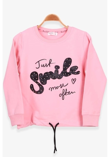 Kız Çocuk Sweatshirt Incili Taşlı Beli Bağcıklı Pudra (6-10 Yaş)