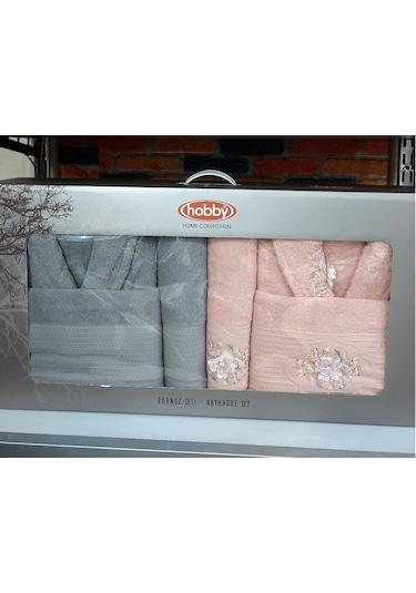 Hobby Line %100 Saf Pamuk Aile Bornoz Seti-pembe Gri Pembe - Gri