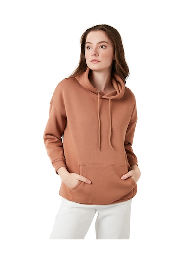Lela Regular Fit Pamuklu Kapüşonlu Yaka Şardonlu Kışlık Bayan Sweat 5863854 Bisküvi