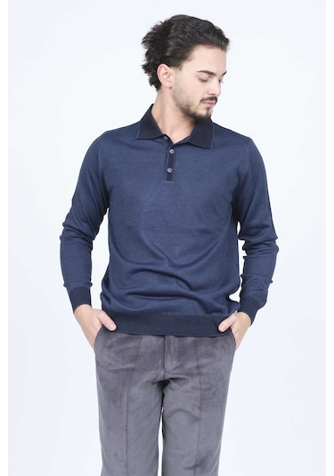 Ateş Triko Erkek Polo Yaka Yün Kazak 6091903 Indigo İndigo