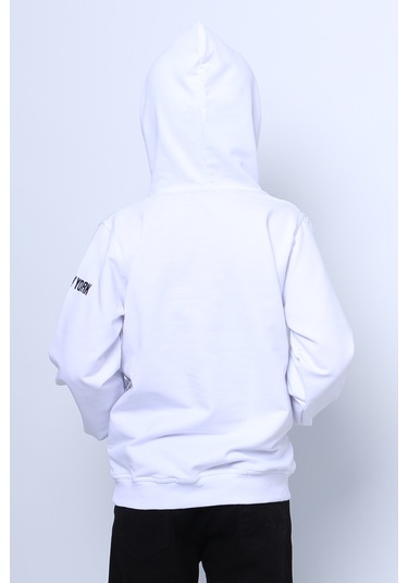 Erkek Çocuk Kapşonlu Sweat Baskılı Cepli C34 Beyaz