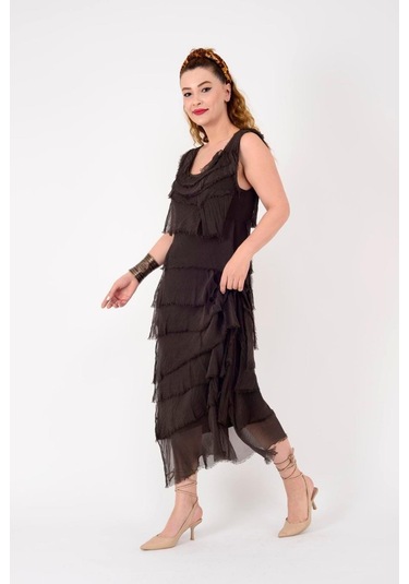 Italyan 2 Beden İnce Gösteren Kat Kat Kolsuz Ipek Elbise Kahverengi