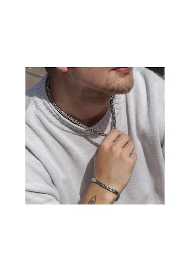 Silver Erkek Çelik Kral Zincir Kolye Bileklik Set 4mm Gümüş