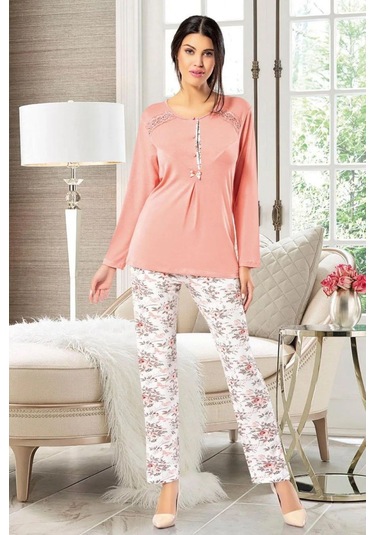 Faal 8602 Kadın Uzun Kollu Önden Düğmeli Pijama Takımı-somon SOMON